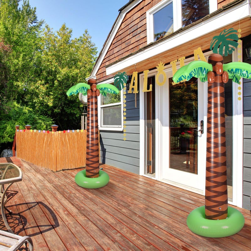 MiniInflat 4 Pcs Hawaiian Party Decorations Include 2 Pack 5.9ft Giant Inflatable Palm Trees 1 Pcs 9.06 x 2.46 ft Luau Grass Table Skirt 1 Glittery Aloha Banner for Tropical Summer Hawaiian Luau - Image 4